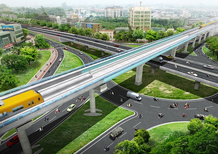 Phối cảnh tuyến metro Nhổn-Ga Hà Nội đoạn giao cắt với đường vành đai 3 ở cầu vượt Mai Dịch. (Ảnh: hanoimetro)
