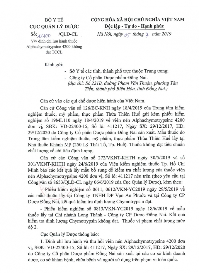 dinh chi luu hanh toan quoc thuoc alphachymotrypsine 4200