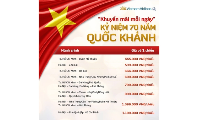 Gía vé máy bay khuyến mại nhân dịp Quốc khánh của Vietnam Airlines.