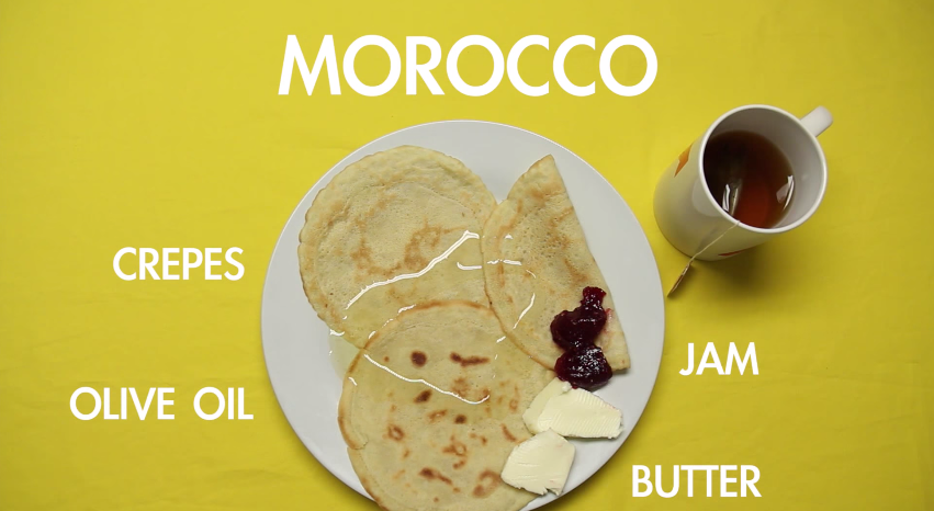 Bữa sáng của Morocco gồm bánh crep, dầu Oliu, bơ, mứt và trà.