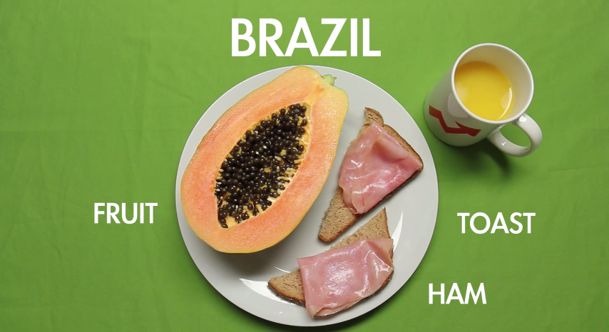 Người Brazil ăn sáng với bánh mỳ nướng, jambong, đu đủ và sữa.