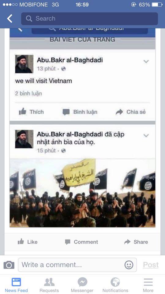 Và lời tuyên bố từ Facebook mang tên thủ lĩnh của IS. Tuy nhiên không ai xác định được độ thật - giả của tài khoản này.