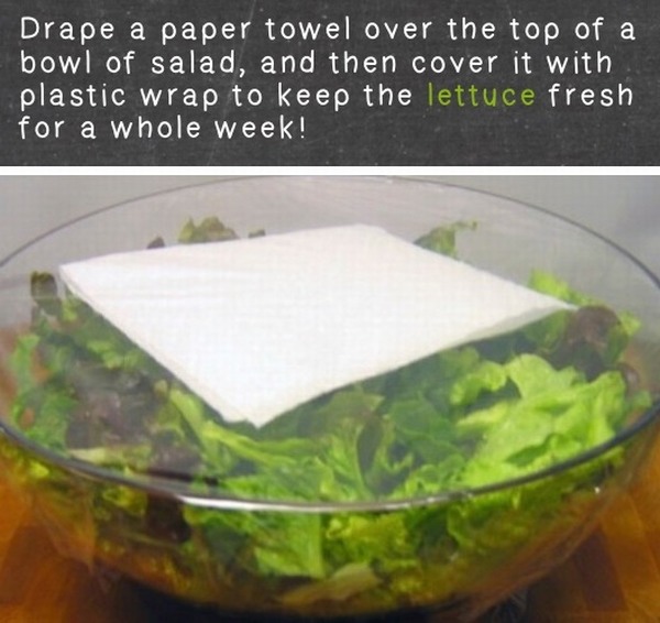 Để bảo quản rau tươi ngon, hãy đặt một miếng giấy ăn vào bát và dùng màng bọc thực phẩm bọc kín lại. Giấy ăn sẽ hút hết độ ẩm trong rau.