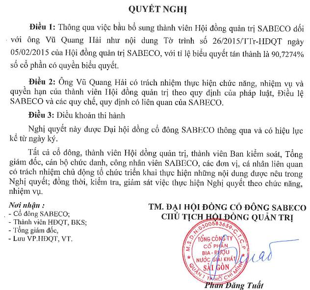 Nghị quyết 06/2015/NQ-HĐQT bầu ông Vũ Quang Hải làm thành viên HĐQT Sabeco. Ảnh: ANTT