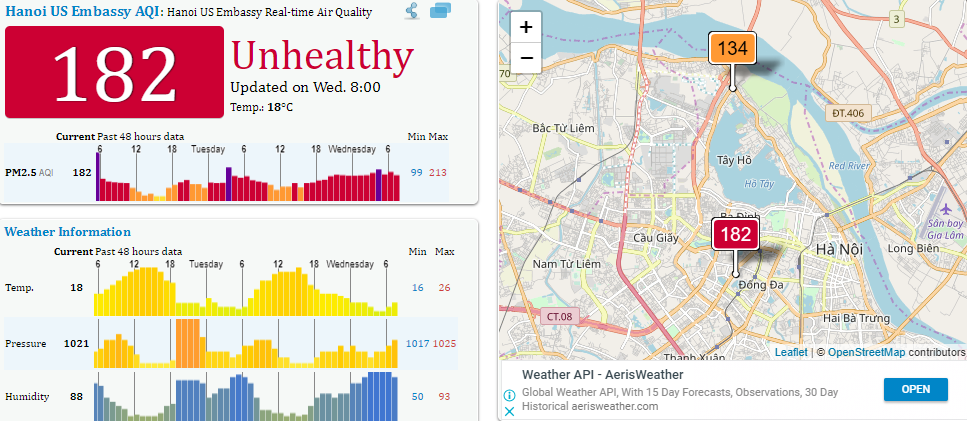 Chỉ số chất lượng không khí cập nhật tại thời điểm 8h sáng 28/11 tại khu vực Đại sứ quán Mỹ, Hà Nội.