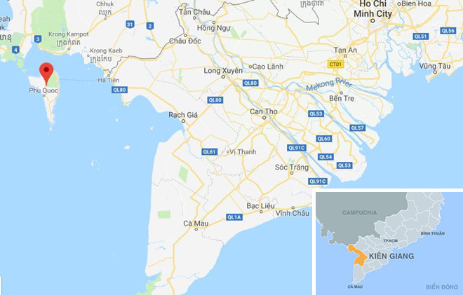 Phú Quốc (chấm đỏ) ở Kiên Giang. Ảnh: Google Maps.
