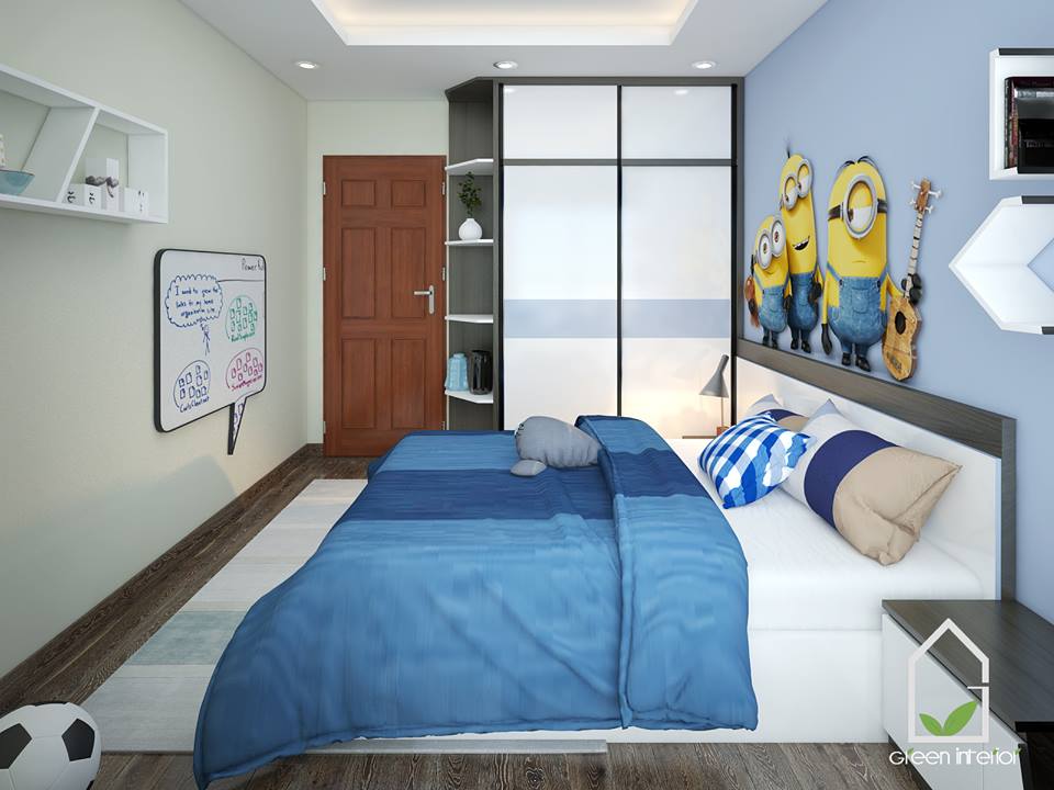 Tông màu xanh là tông màu yêu thích và thường được sử dụng trong trang trí phòng ngủ cho các bé trai