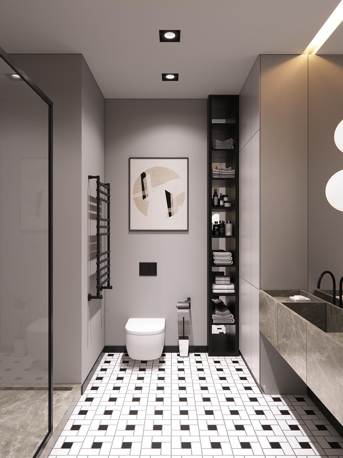 Phòng tắm đẹp đơn giản với gạch lát sàn họa tiết tối giản của những ô vuông, chữ nhật màu trắng và đen.