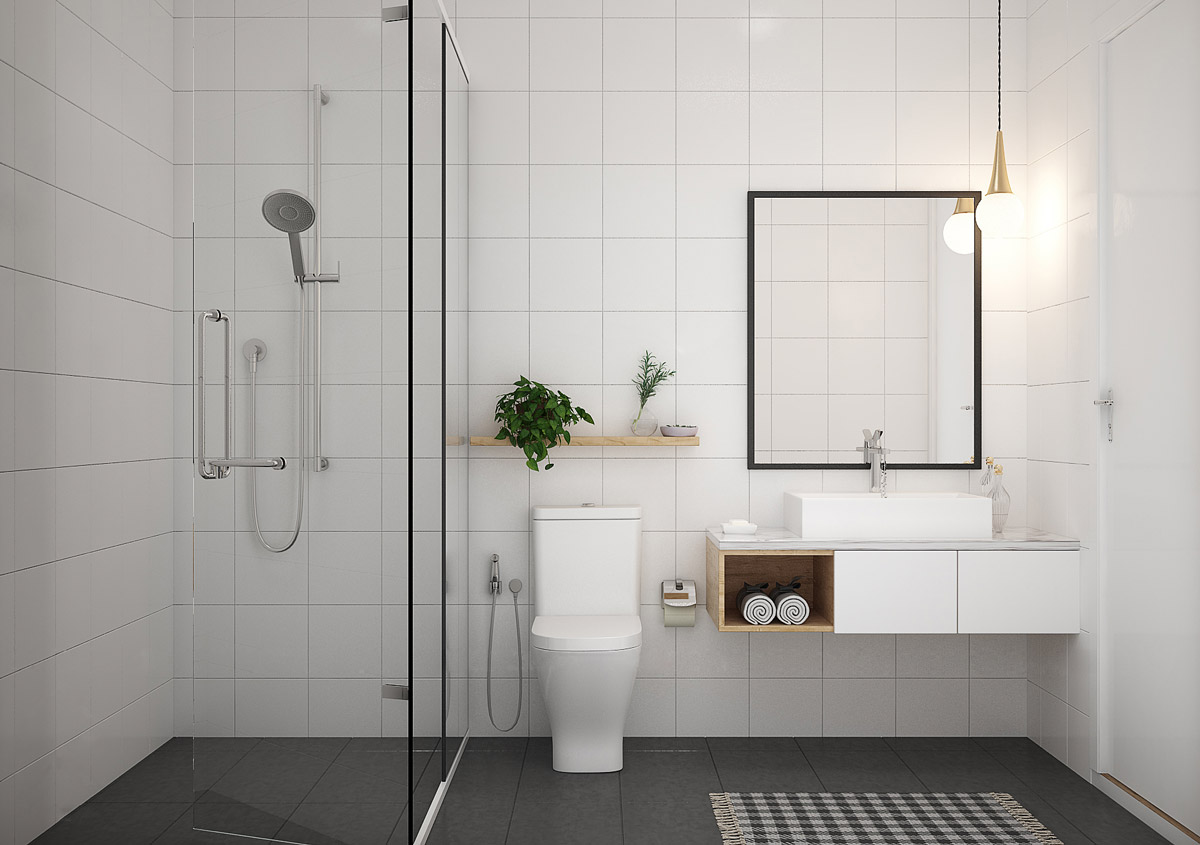 Một chiếc đèn phòng tắm theo phong cách tối giản kết hợp ăn ý với nội thất bên trong có thể là tất cả để tạo điểm nhấn cho một phòng tắm khiêm tốn diện tích. Thêm một vài chậu cây nhỏ và các giá khăn xếp gọn gàng sẽ khiến mọi thứ trở nên thân thiện và dễ thương.