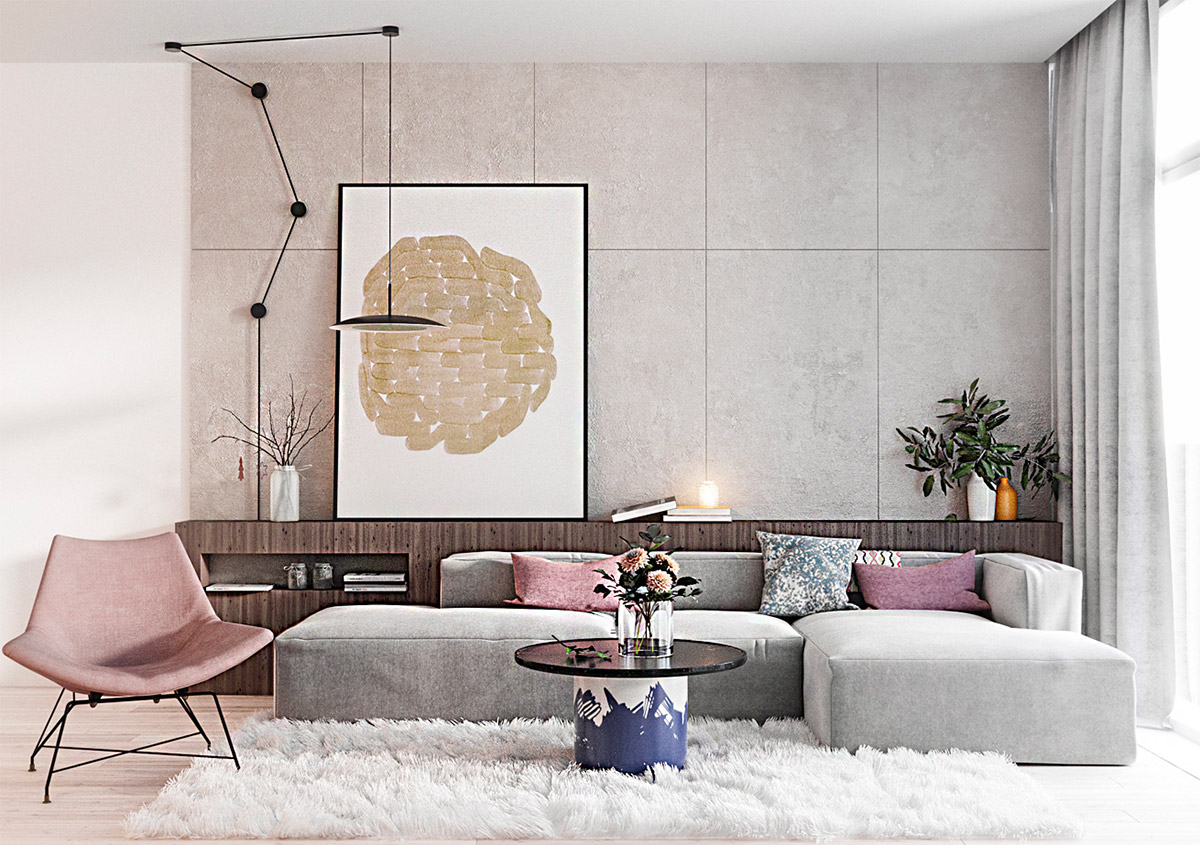 Màu xám không có nghĩa là phải tối. Phòng khách rực rỡ này là ví dụ chứng minh sự kết hợp hoàn hảo giữa xám và hồng. Bức tường trắng với mảng xám nâu ăn ý bất ngờ với bộ ghế bành màu xám trắng và những chi tiết màu hồng trong bố cục tổng thể.