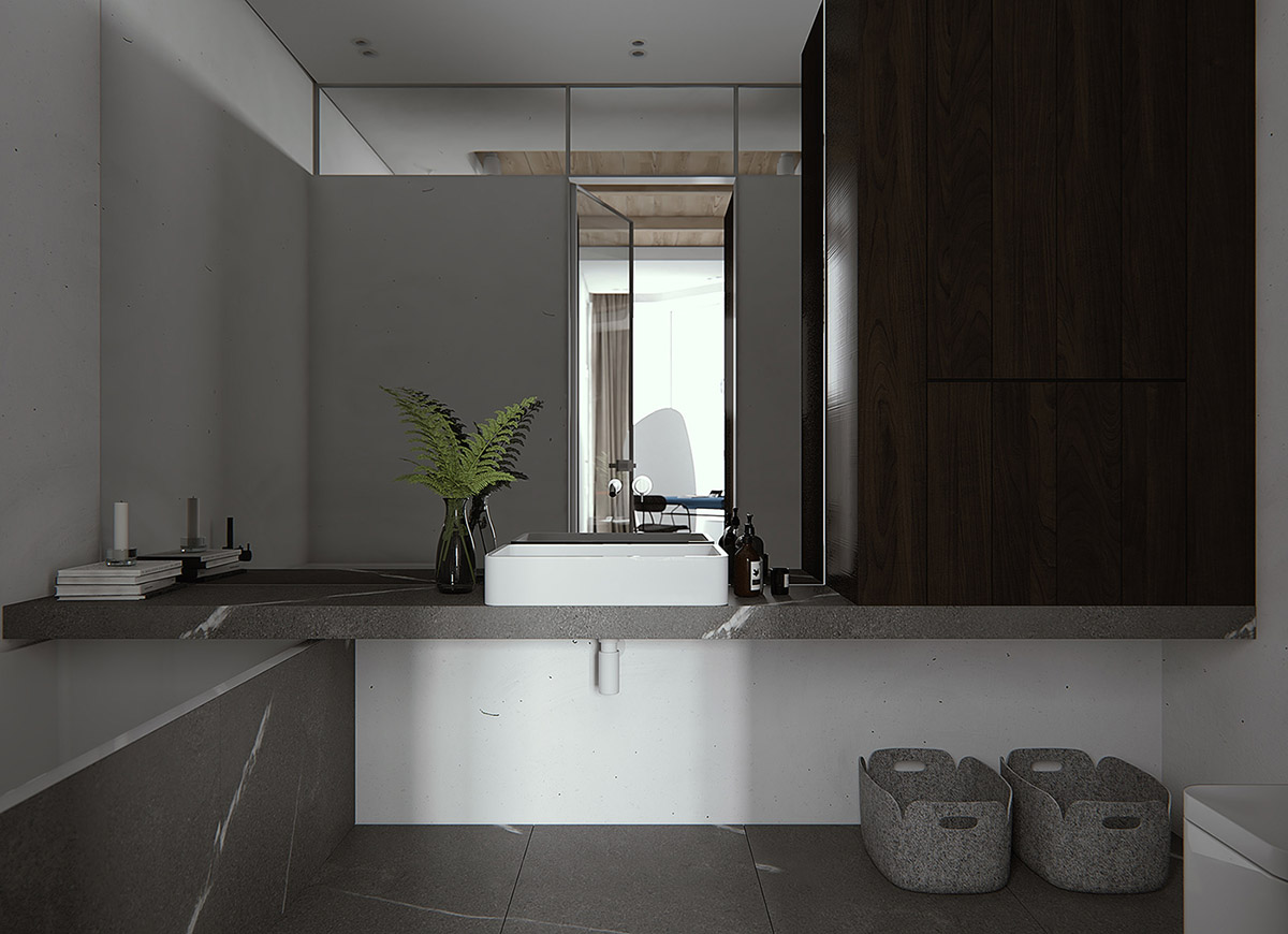 Điểm nhấn xanh cũng tiếp tục được sử dụng trong phòng tắm. Bên cạnh đó, đá cẩm thạch màu xám được sử dụng chủ đạo với sàn nhà, bồn tắm.