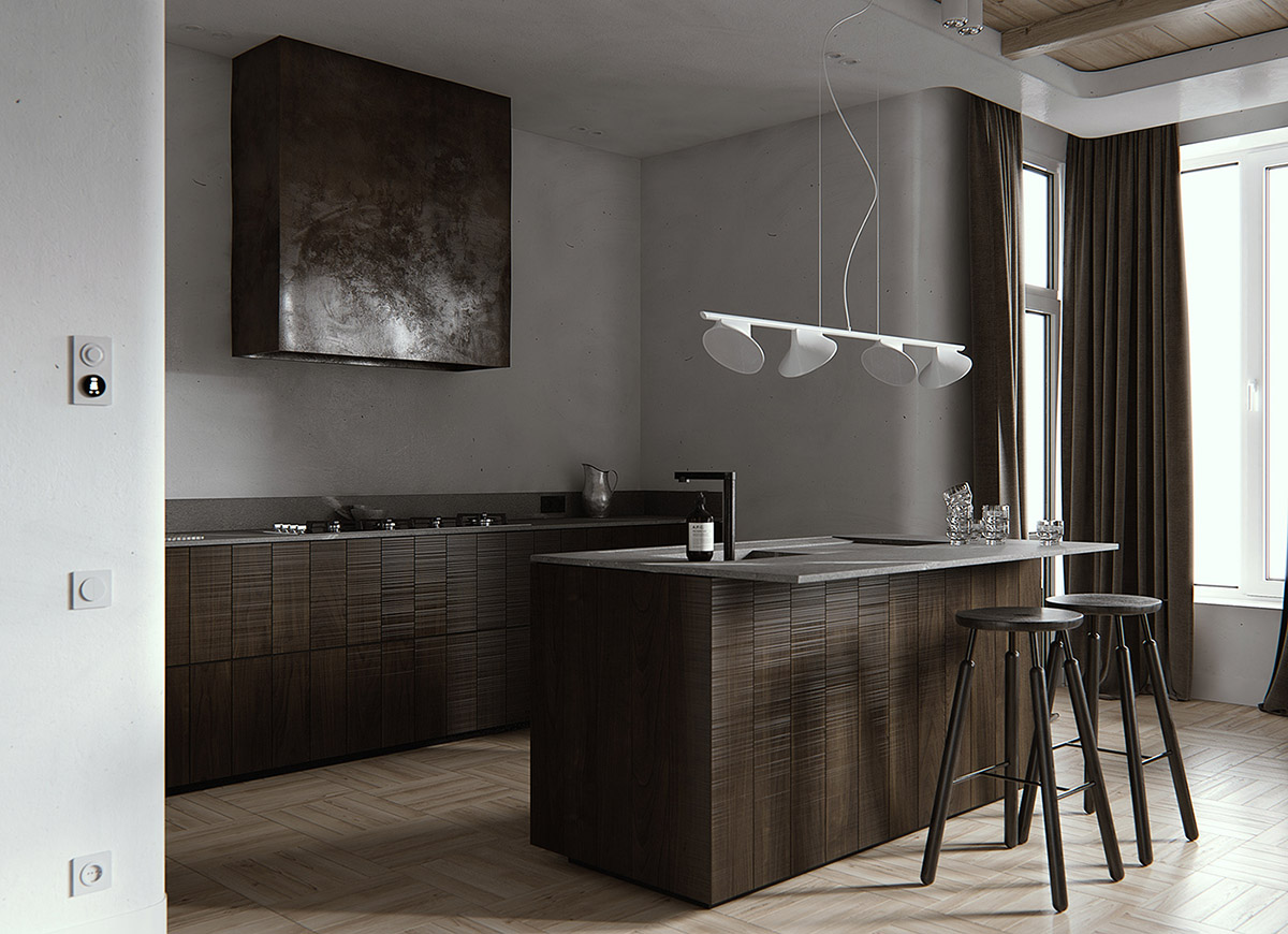 Để tạo được sự cân đối cho không gian căn hộ mà không phá hỏng phong cách thiên nhiên, các nhà thiết kế đã lựa chọn bộ bếp màu gỗ nâu trầm.