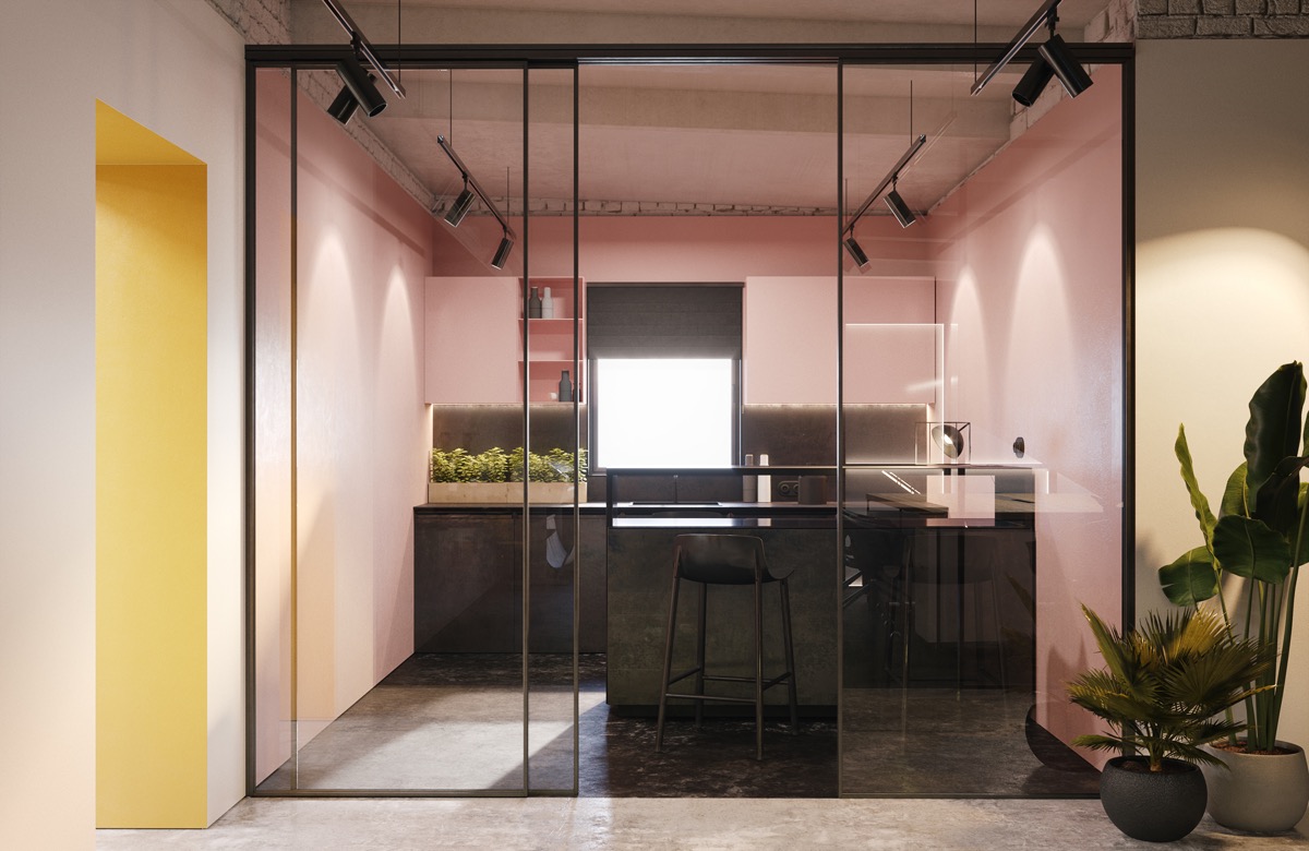 Làm nổi bật độ tương phản là một trong các bí kíp khi thiết kế nội thất nhà bếp. Mảng tưởng màu hồng đặt cạnh bộ bàn ăn, bệ bếp và sàn nhà màu đen thực sự đã tạo nên điểm nhấn ấn tượng cho gian bếp này.