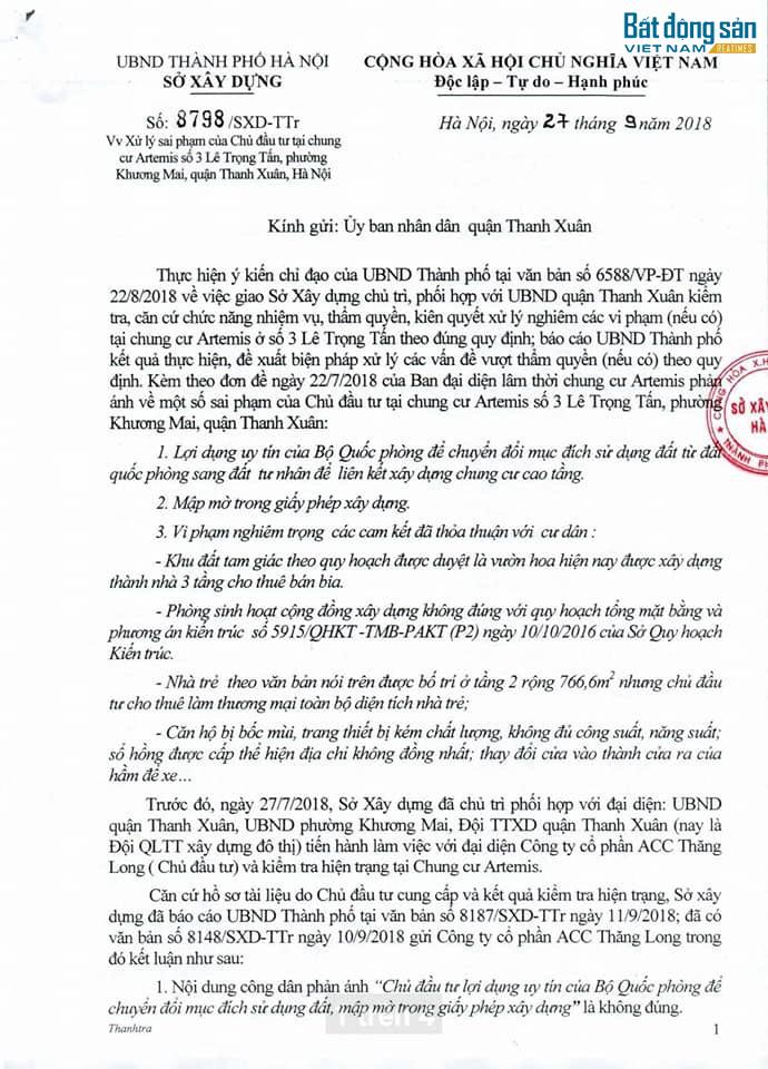 Văn bản của Sở Xây dựng gửi UBND quận Thanh Xuân.