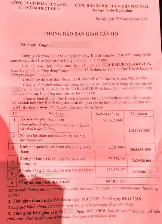 ECOLAND thông báo bàn giao nhà cho khách hàng mua căn hộ (tầng 3 đến tầng 9 Tòa nhà HH02) vào ngày 3/11/2018. (Ảnh: Người dân cung cấp)