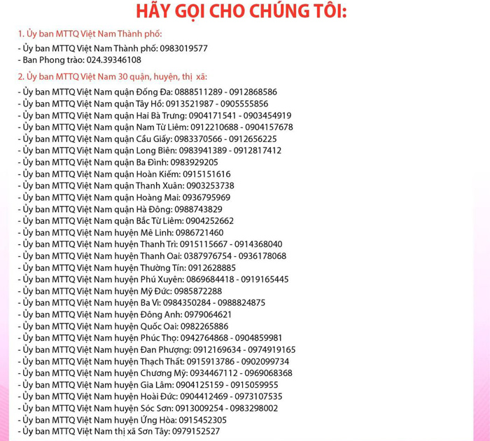 Số điện thoại đường dây nóng của MTTQ Việt Nam Thành phố và MTTQ Việt Nam 30 quận, huyện, thị xã