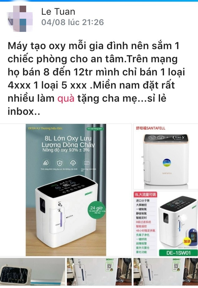 Trên trang Facebook của ông Lê Mạnh Tuân chào bán máy tạo oxy nhập lậu. 