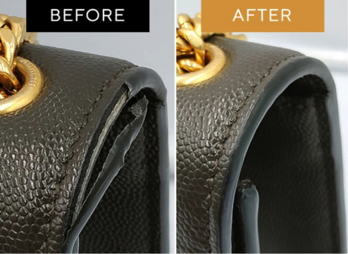 Một chiếc túi xách trước và sau khi được phục hồi.