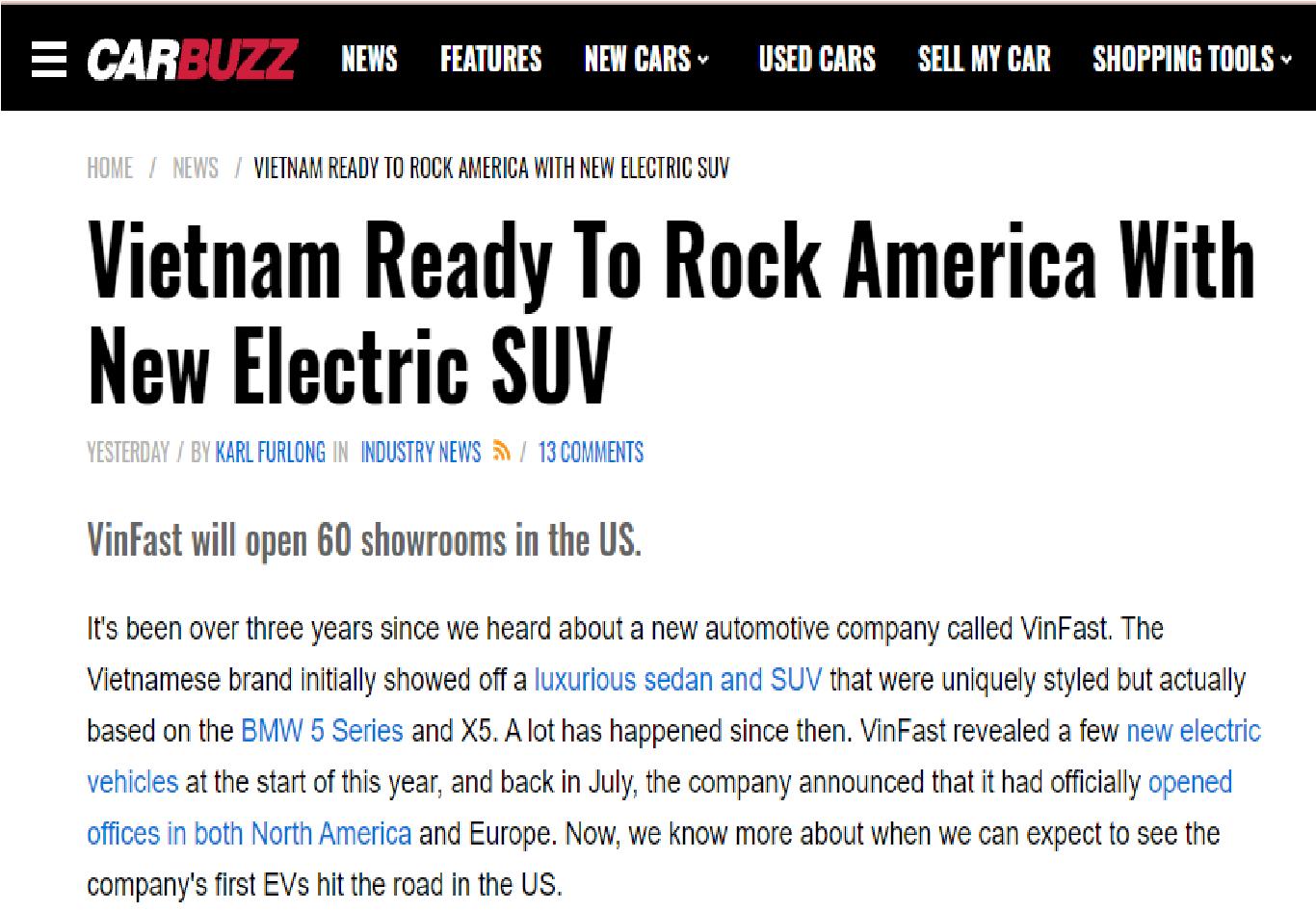 Chuyên trang ô tô Carbuzz giật tiêu đề “VinFast đã sẵn sàng để bùng nổ tại Mỹ”
