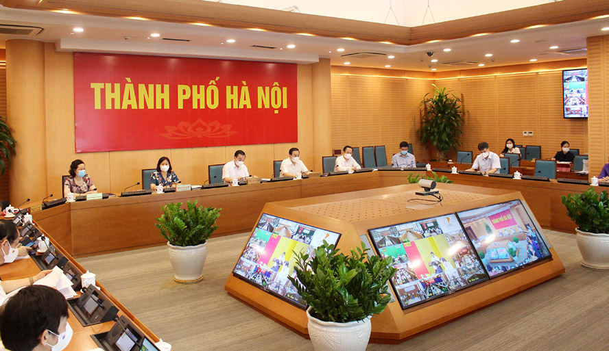 Quang cảnh hội nghị tại điểm cầu thành phố Hà Nội. 
