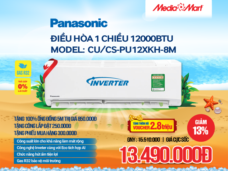 Điều hòa Panasonic 1 chiều Inverter 12000BTU CU/CS-PU12XKH-8M