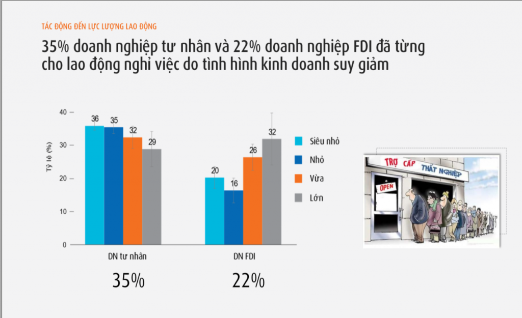 Kết quả khảo sát cho thấy 35% DN tư nhân và 22% DN FDI từng cho lao động nghỉ việc do kinh doanh suy giảm