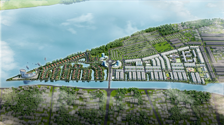 Phối cảnh dự án Khu đô thị mới Cồn Khương với hệ thống hồ cảnh quan nối trực tiếp với sông Khai Luông có các cửa điều tiết nước.